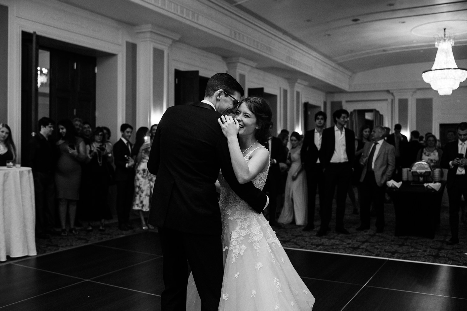 bride and groom dance at wedding reception at lord nelson hotel