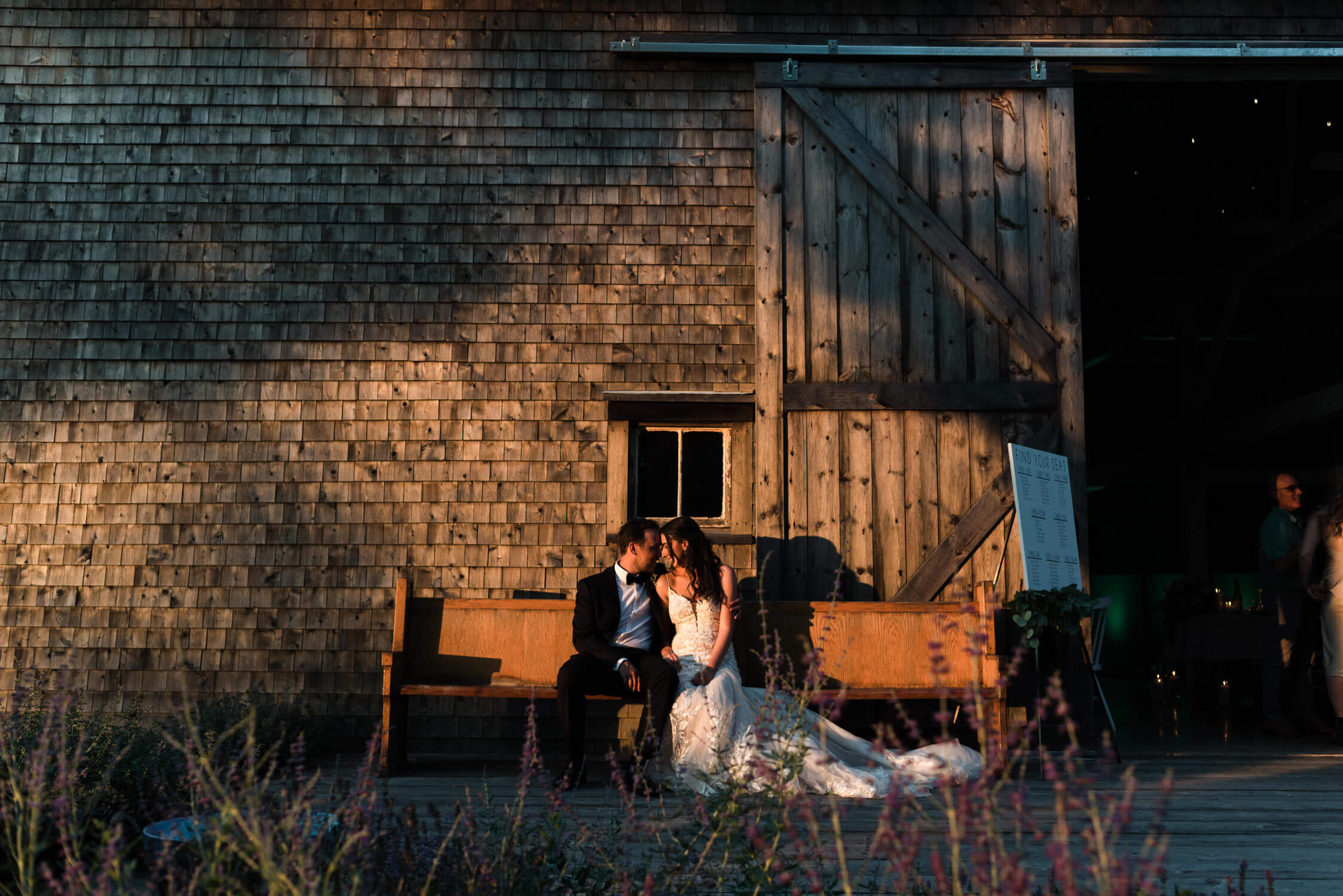 wedding couple sits on bench outside the barn at farm at south cove