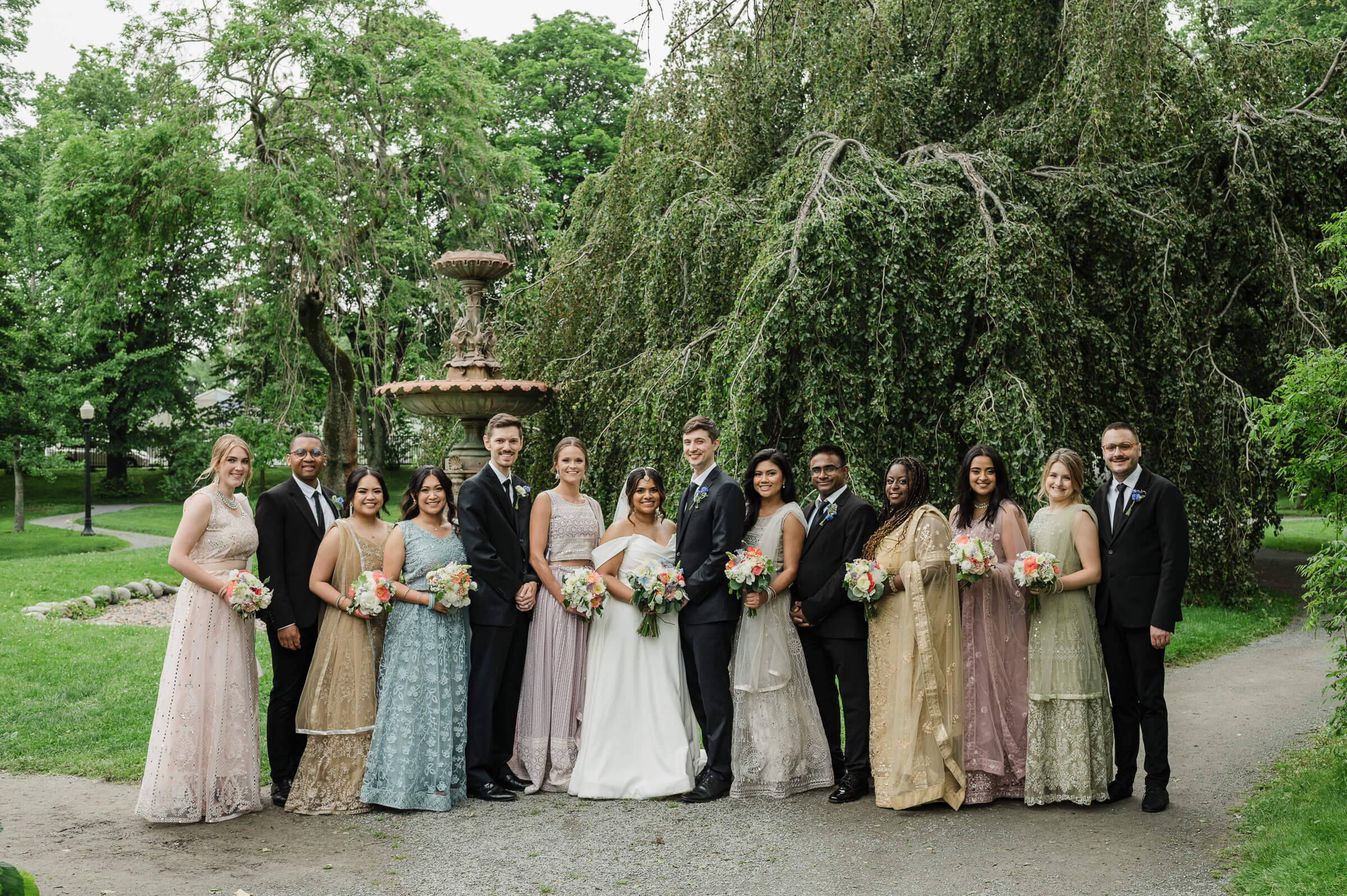 Wedding couple and friends portraits in Halifax Public Gardens