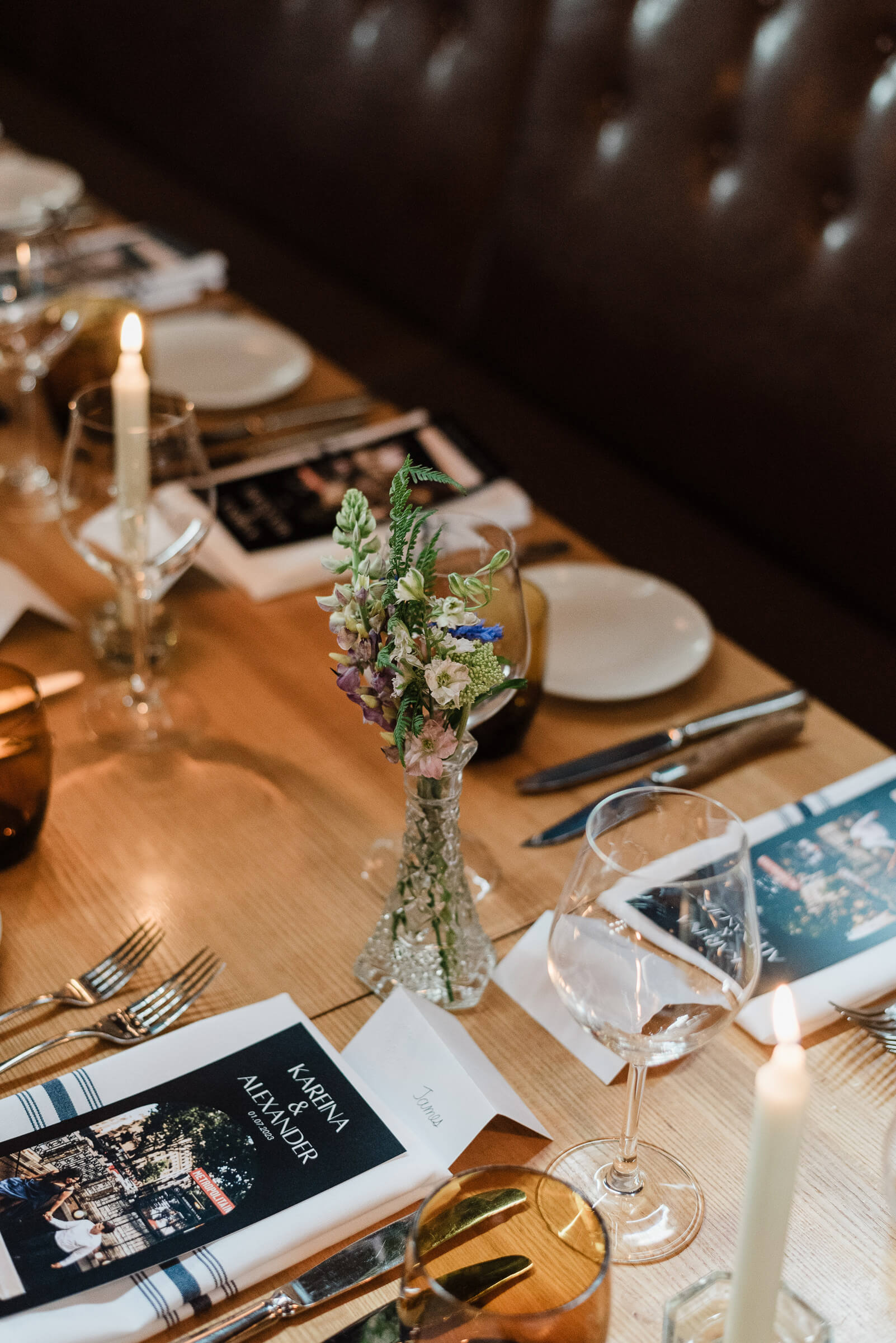 Table decor for wedding reception at Agricola Street Brasserie in Halifax