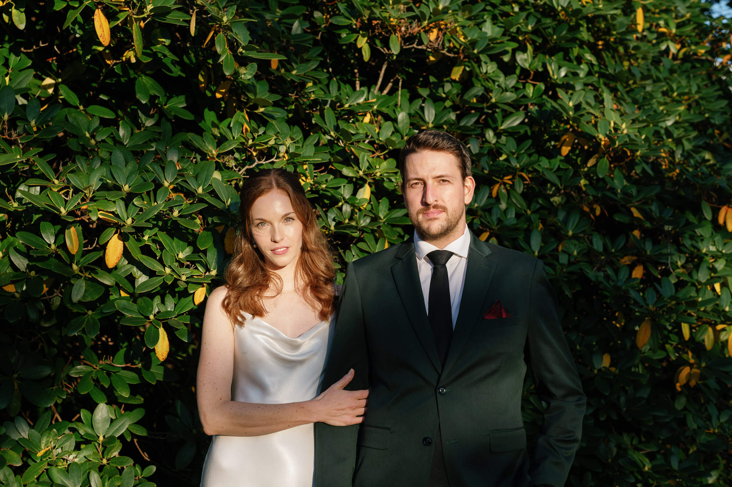 wedding couple pose for editorial style portrait in halifax public gardens