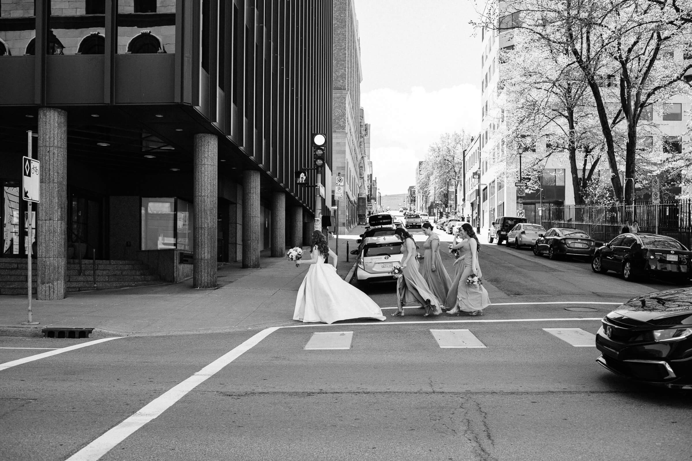 bride and bridesmaids cross the street in downtown halifax